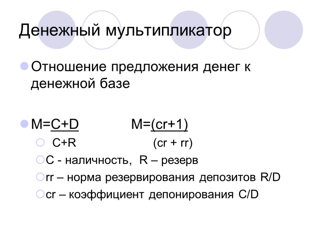 Денежный мультипликатор Отношение предложения денег к денежной базе M=C+D M=(cr+1) C+R (cr + rr)